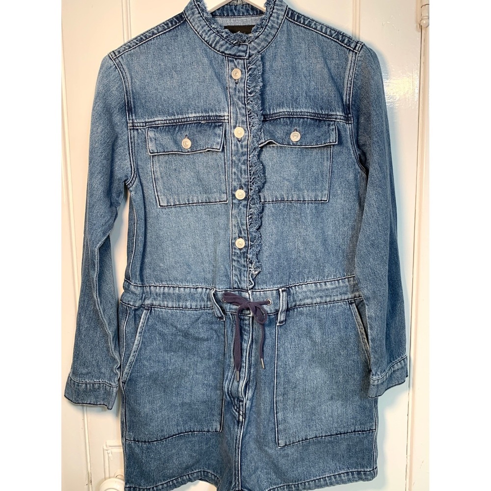 Hudson Jeans Blue Denim M Utility Romper Drawstring Ruffle Collar Long Sleeves - Picture 9 of 16